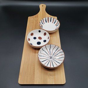 Bamboo Cheese Board with 3 Coordinating Ceramic Dipping Dishes